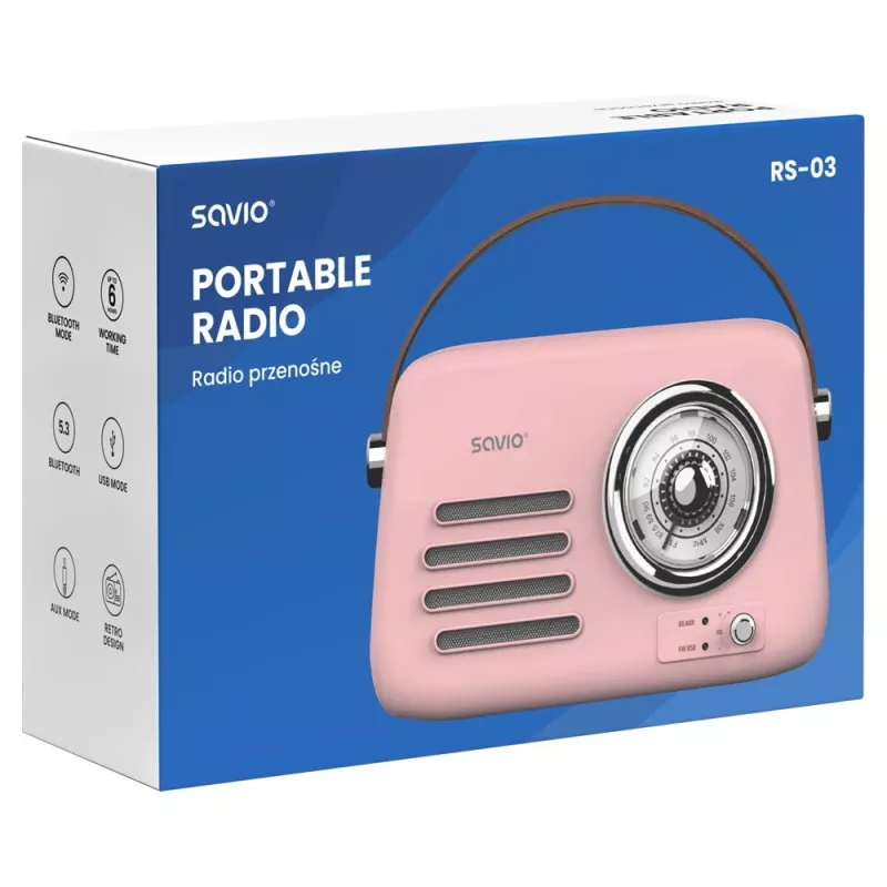 SAVIO RS-03 pārnēsājams radio FM/AM ar MP3 USB/SD atskaņošanu, rozā