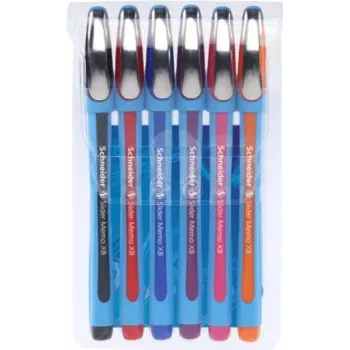 Schneider Slider Memo XB lodīšu pildspalvu komplekts - 6 dažādās krāsās (melna, zila, sarkana, zaļa, oranža, violeta) - Īpaši plata 1,4 mm nerūsējošā tērauda uzgalis - Viscoglide ātri žūstoša tinte 150296
