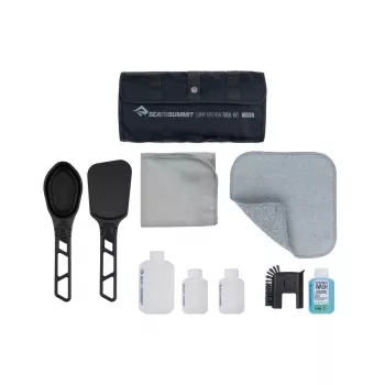 Sea To Summit Camp Kitchen Tool Kit - Trauku mazgāšanas komplekts ar silikona skrubi, mikrošķiedras dvieli un 50ml Wilderness Wash