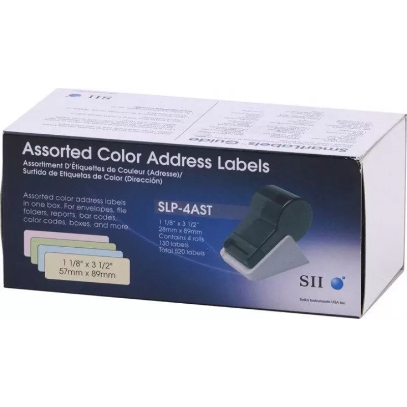 Seiko SLP-4AST dažādu krāsu adrešu etiķetes - 28 x 89 mm, 520 etiķetes (4 ruļļi pa 130) Smart Label Printer 420/425/430/440/450 16.06.2037