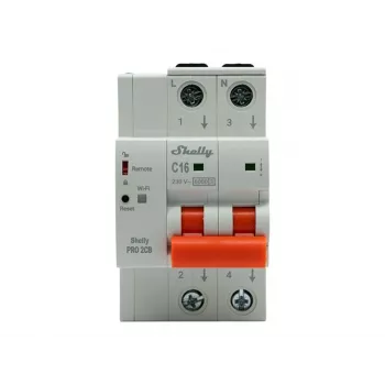 Shelly Pro 2CB C16 viedais miniatūras automātiskais slēdzis, 2 polu, 16A, C līkne, 6kA, Wi-Fi/LAN/Bluetooth, enerģijas monitorings, DIN sliede