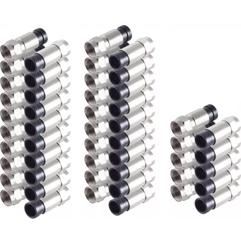 SHIVERPEAKS BS85029-A-SET25 F tipa kompresijas savienotājs 7 mm koaksiālajam kabelim, 25 gab. iepakojums, niķelēts misiņš, 75 omi, laikapstākļiem izturīgs, sudraba