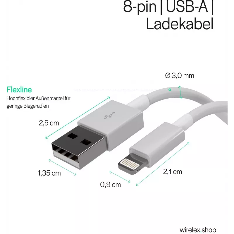 SHIVERPEAKS Flexline USB Charge & Sync Cable, USB-A uz 8-Pin (Lightning), 2.0, ABS, Balts, 1,5m (FL31-12042)