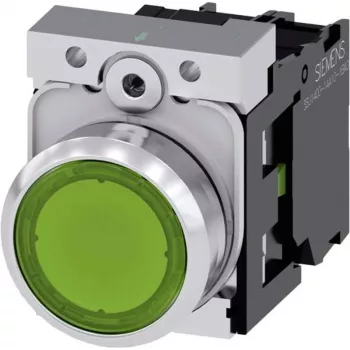 Siemens SIRIUS ACT 3SU1152-0AB40-1BA0 spiedpoga, plakans izpildmehānisms, zaļa, metāla spīdīgs priekšējais gredzens, 22mm, 1NO, skrūvju spailes, IP66/67/69K