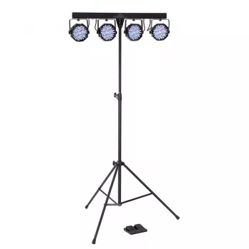 Soundsation 4LEDKIT-PARTY2 4-in-1 LED apgaismojuma komplekts ar Derby, PAR, Strobe, lāzeri, statīvu, IR tālvadību un pedāļu kontrolleri