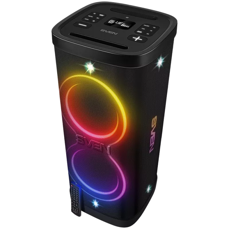Skaļrunis Party Box SVEN PS-1250, Melns (300W, TWS, IPx4, Bluetooth, FM, USB, microSD, LED displejs, 13500mAh)