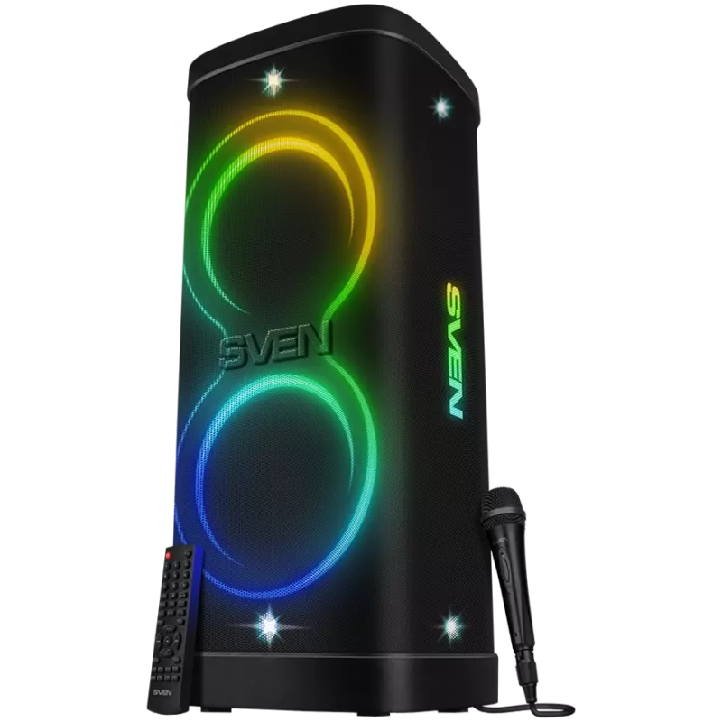 Skaļrunis Party Box SVEN PS-1250, Melns (300W, TWS, IPx4, Bluetooth, FM, USB, microSD, LED displejs, 13500mAh)