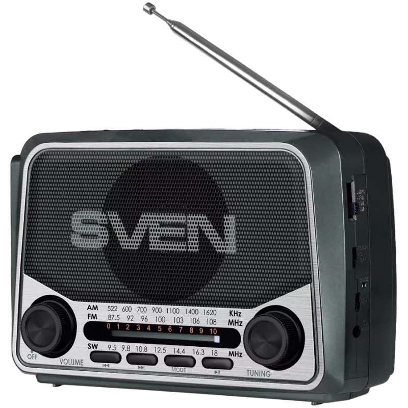 Skaļrunis SVEN SRP-150, Pelēks (3W, Bluetooth, FM/AM/SW, USB, microSD, Lukturis, Akumulators)