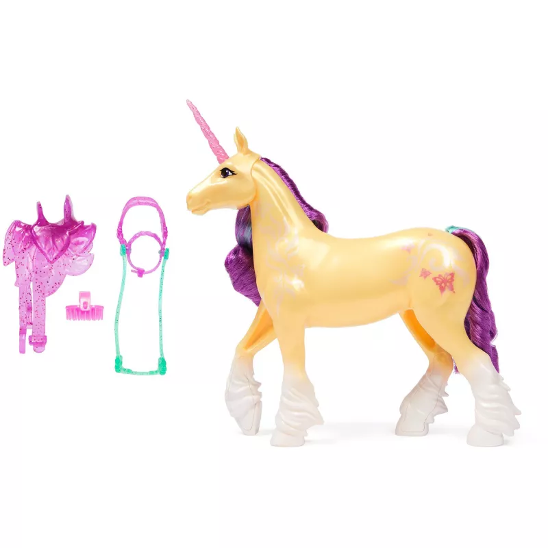 SPINMASTER Unicorn Academy - Vienradzis Leaf (28 cm, ar īstām krēpēm un asti, noņemamu iemauktu, seglu un suku)