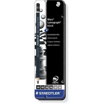 Staedtler Mars Lumograph 100B G6 grafīta zīmuļu komplekts – 6 dažādas cietības pakāpes (8B–B), sešstūra formas, PEFC sertificēts