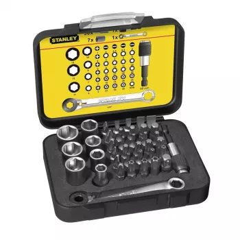 STANLEY 39 daļu 1/4 collu piedziņas uzgriežņu atslēgu un uzgaļu komplekts ar R.360NANO grozāmo galvu