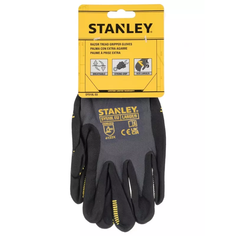 Stanley SY510L-QS darba cimdi, izmērs L (9) - sintētiskās ādas plauksta, spandeksa virspuse, neoprēna aproce, EN 388 sertificēti, melni/dzelteni