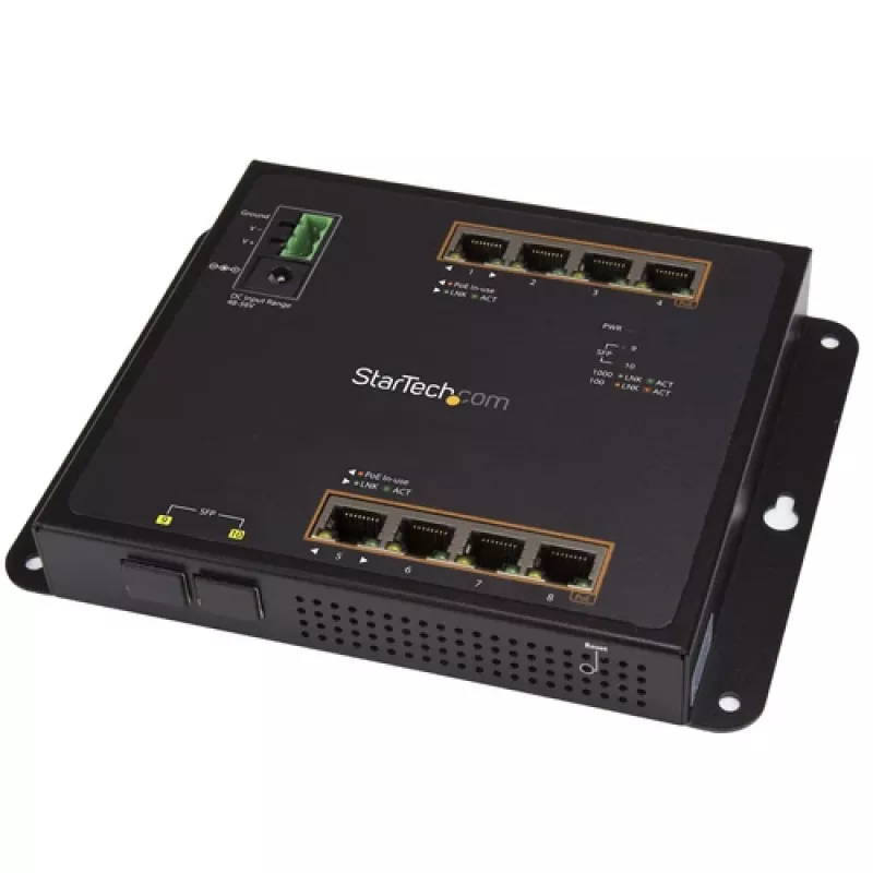 StarTech.com 8 Portu PoE+ Gigabit Ethernet Pārvaldāms Rūpnieciskais Slēdzis ar 2 SFP Portiem - Sienas Montāžai ar Priekšējo Piekļuvi