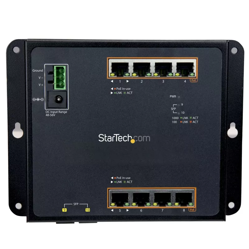 StarTech.com 8 Portu PoE+ Gigabit Ethernet Pārvaldāms Rūpnieciskais Slēdzis ar 2 SFP Portiem - Sienas Montāžai ar Priekšējo Piekļuvi