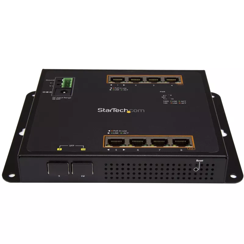 StarTech.com 8 Portu PoE+ Gigabit Ethernet Pārvaldāms Rūpnieciskais Slēdzis ar 2 SFP Portiem - Sienas Montāžai ar Priekšējo Piekļuvi