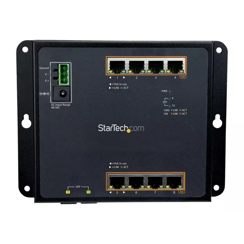StarTech.com 8 Portu PoE+ Gigabit Ethernet Pārvaldāms Rūpnieciskais Slēdzis ar 2 SFP Portiem - Sienas Montāžai ar Priekšējo Piekļuvi