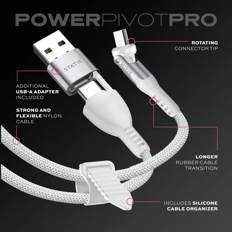 STATIK PowerPivot Pro Nylon Braided Cable, USB-C to USB-C, 3m, White