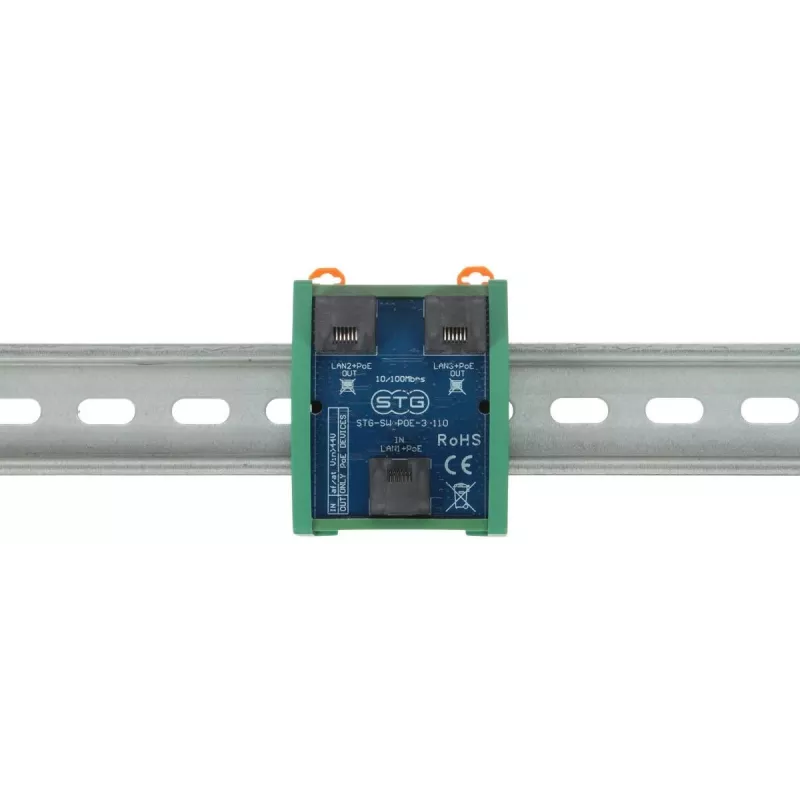 STG STG-SW-POE-3-110 PoE slēdzis / pagarinātājs, 2 PoE porti + 1 augšupielādes ports, 10/100 Mbps