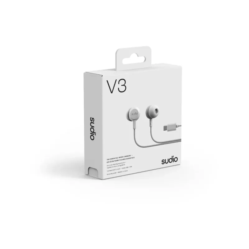 Sudio V3 patiesi bezvadu austiņas ar USB-C uzlādes maciņu, diviem mikrofoniem, skārienjutīgām vadīklām, IPX4 aizsardzība pret šļakatām, pelēkbalts