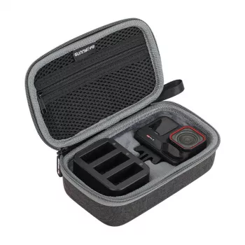 SUNNYLIFE Aizsargājošs pārnēsāšanas futrālis Insta360 Ace Pro / Ace Pro 2, Melns, PU āda, EVA, cietais apvalks, triecienizturīgs, skrāpējumizturīgs, šļakatizturīgs, rāvējslēdzēja aizdare, ar rokturi un karabīnes cilpu