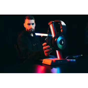 SureFire VINSON N2 RGB spēļu austiņu statīvs ar 2 portu USB centrmezglu un 3.5mm audio caurlaidi