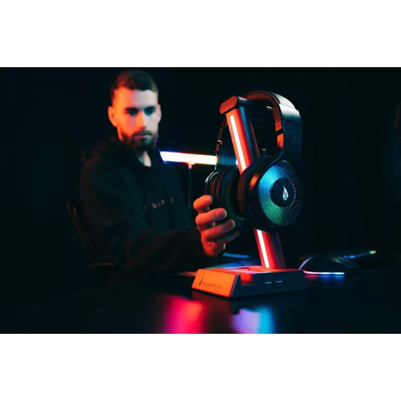 SureFire VINSON N2 RGB spēļu austiņu statīvs ar 2 portu USB centrmezglu un 3.5mm audio caurlaidi