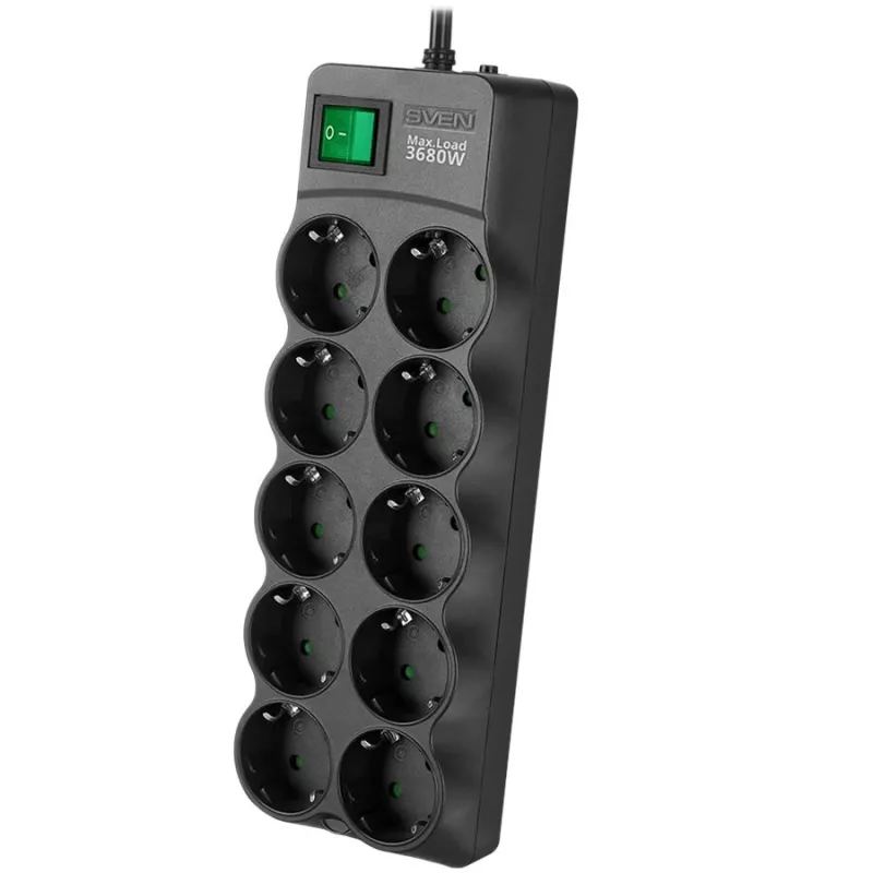 SVEN SF-10E-16 Pārsprieguma aizsargs, 10 kontaktligzdas, 16A, 3.6kW, 1.8m, Melns
