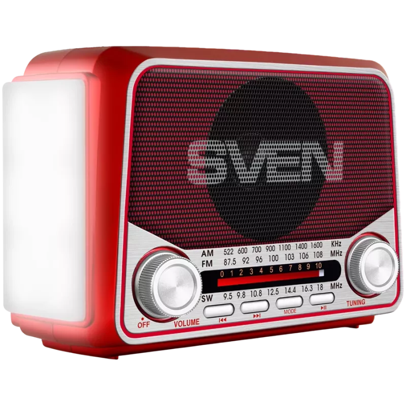 SVEN SRP-150 Pārnēsājams skaļrunis, sarkans (3W, Bluetooth, FM/AM/SW, USB, microSD, lukturītis, akumulators)