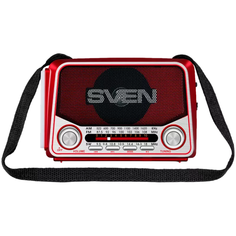 SVEN SRP-150 Pārnēsājams skaļrunis, sarkans (3W, Bluetooth, FM/AM/SW, USB, microSD, lukturītis, akumulators)