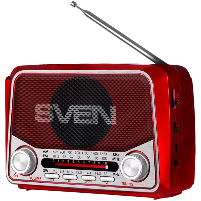 SVEN SRP-150 Pārnēsājams skaļrunis, sarkans (3W, Bluetooth, FM/AM/SW, USB, microSD, lukturītis, akumulators)