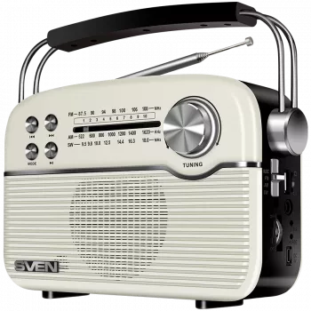 SVEN SRP-500 portatīvais Bluetooth skaļrunis, balts (3W, FM/AM/SW radio, USB, microSD, AUX, akumulators)
