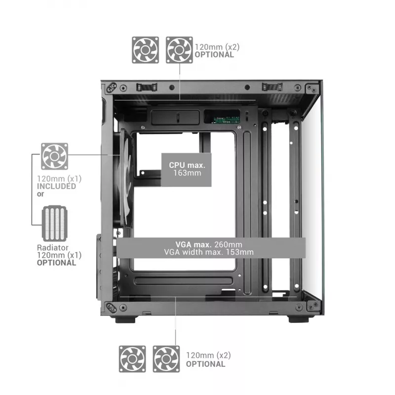 TACENS MARS MC-CUBE Micro-ATX korpuss, melns, rūdīts stikls, ARGB, USB-C