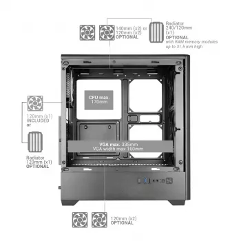 TACENS MARS MC-QUANTUM Mid-Tower ATX korpuss ar 3x120mm FDB ventilatoriem + 1x120mm ARGB ventilatoru, USB-C, rūdīts stikls, melns