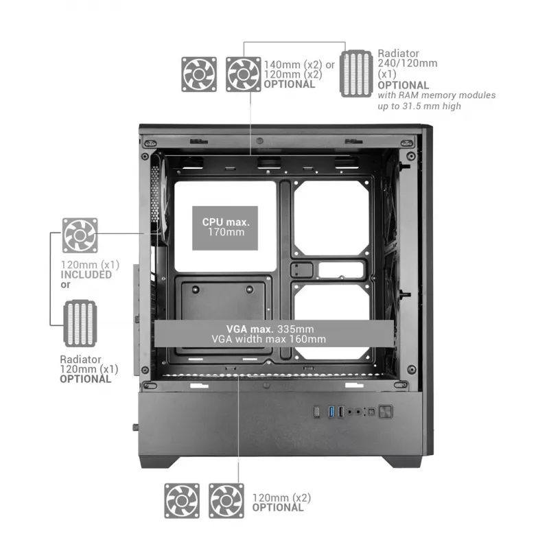 TACENS MARS MC-QUANTUM Mid-Tower ATX korpuss ar 3x120mm FDB ventilatoriem + 1x120mm ARGB ventilatoru, USB-C, rūdīts stikls, melns