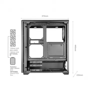 TACENS MARS MC-QUANTUM Mid-Tower ATX korpuss ar 3x120mm FDB ventilatoriem + 1x120mm ARGB ventilatoru, USB-C, rūdīts stikls, melns