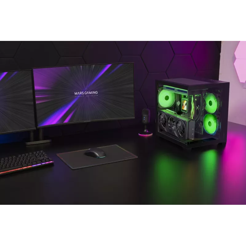 TACENS MARS MC-VIEW3 Micro-ATX korpuss ar 3x ARGB ventilatoriem, USB-C, rūdītu stiklu