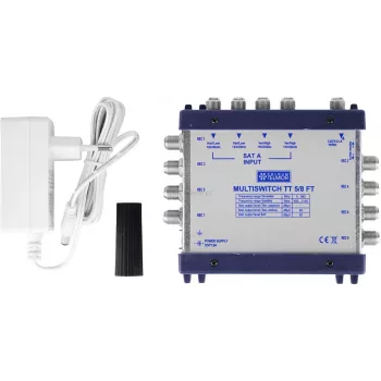 Telmor Multiswitch TT 5/8 Terminal – 5 ieejas (4 SAT + 1 TER) uz 8 izejām, DiSEqC 2.0, metāla korpuss