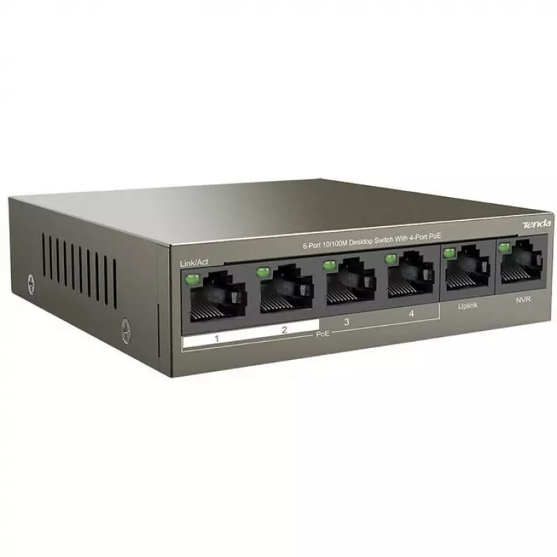 Tenda TEF1106P-4-63W PoE+ slēdzis, 6 portu Fast Ethernet, 4 PoE+ porti, 63W budžets, bezventilatoru galddatora modelis