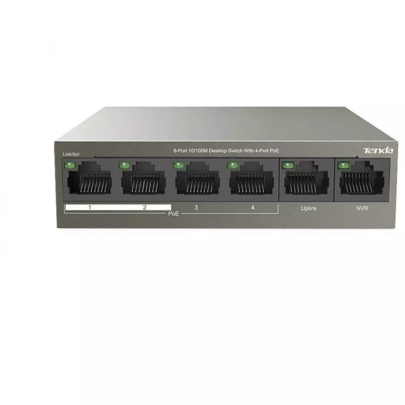 Tenda TEF1106P-4-63W PoE+ slēdzis, 6 portu Fast Ethernet, 4 PoE+ porti, 63W budžets, bezventilatoru galddatora modelis
