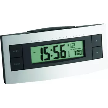 TFA 60.2511 Radio Controlled Alarm Clock - Black/Silver - LCD Display - Indoor Temperature - Snooze - Blue Backlight - 2x AAA