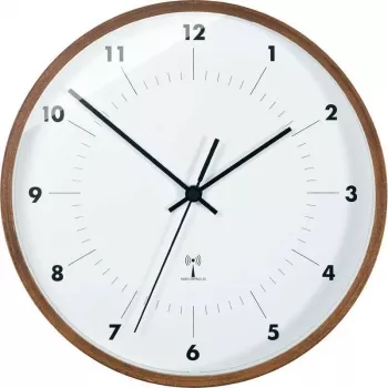 TFA Dostmann Radiovadāmais sienas pulkstenis ar koka rāmi, 25,5 cm diametrs, balts ciparnīca, arābu cipari, ar baterijām, DCF77 98.1097