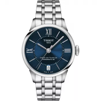 TISSOT T-Classic Chemin des Tourelles Sieviešu automātiskais pulkstenis 32mm Zila pērļu māte ar dimanta indeksiem Nerūsējošā tērauda aproce