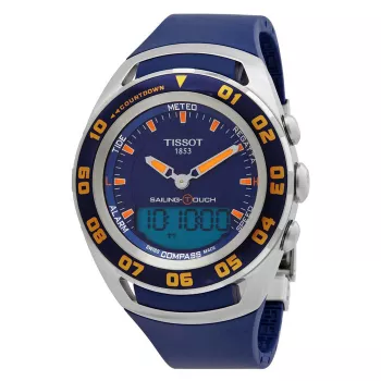 TISSOT T-Touch II Vīriešu Pulkstenis T056420270410 - 45mm Titāna Korpuss, Zila Gumijas Siksniņa, Šveices Kvarca Hronogrāfs ar Altimetru, Barometru, Kompasu, Termometru