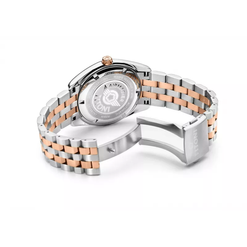 TITONI Vīriešu automātiskais pulkstenis 83909SRG-063 38,5mm Rožu zelta PVD nerūsējošais tērauds sudraba ciparnīca brūna ādas siksniņa
