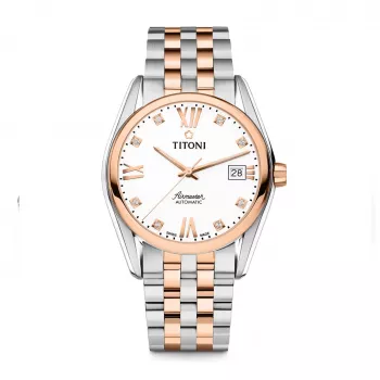 TITONI Vīriešu automātiskais pulkstenis 83909SRG-063 38,5mm Rožu zelta PVD nerūsējošais tērauds sudraba ciparnīca brūna ādas siksniņa