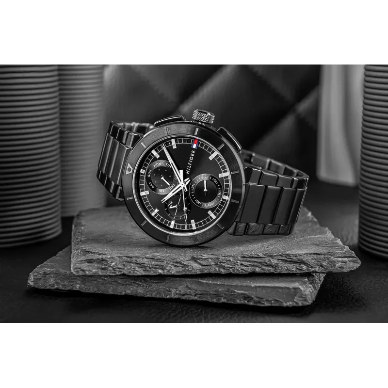 Tommy Hilfiger Vīriešu Decker kvarca pulkstenis 44mm nerūsējošais tērauds zils ciparnīca brūna āda