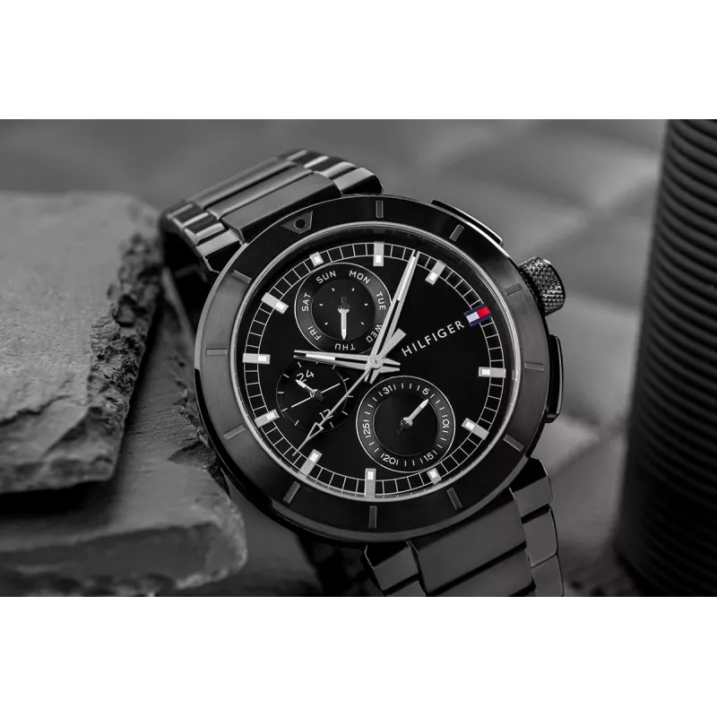 Tommy Hilfiger Vīriešu Decker kvarca pulkstenis 44mm nerūsējošais tērauds zils ciparnīca brūna āda