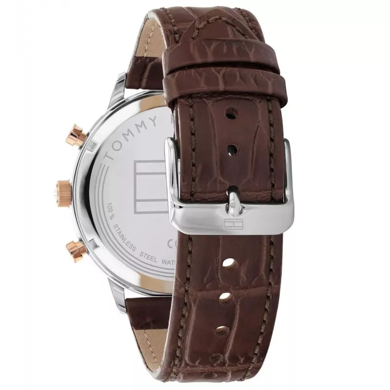 Tommy Hilfiger vīriešu pulkstenis 1791987 44mm nerūsējošā tērauda korpuss brūna ādas siksniņa zils ciparnīca
