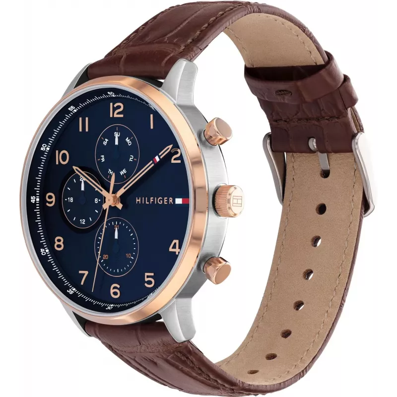 Tommy Hilfiger vīriešu pulkstenis 1791987 44mm nerūsējošā tērauda korpuss brūna ādas siksniņa zils ciparnīca