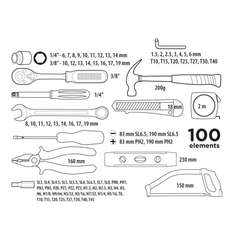 Top Tools 100 daļu 1/4 collu un 3/8 collu uzgriežņu atslēgu un instrumentu komplekts ar hroma vanādija tēraudu, 72 zobu sprūratni un formētu koferi